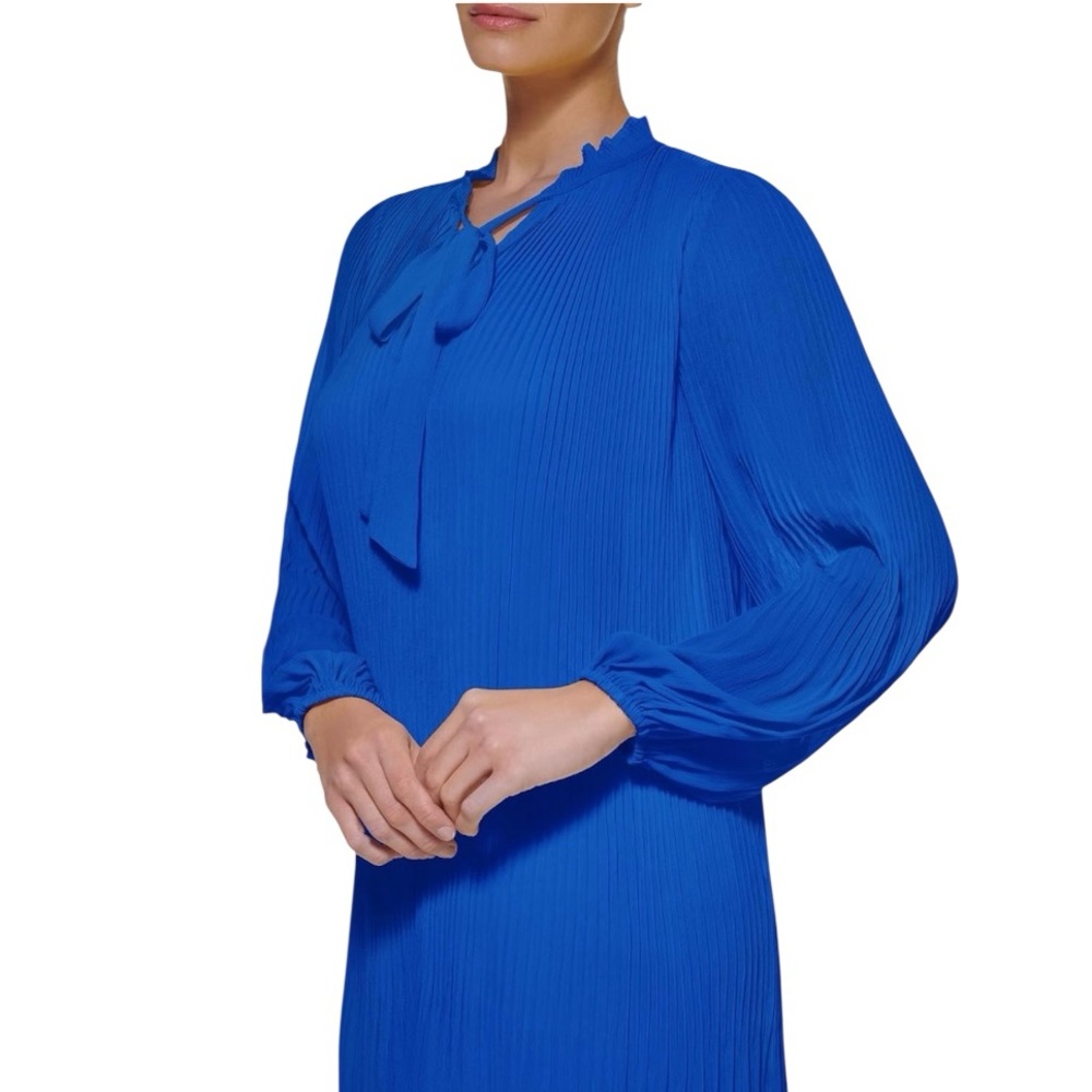 DKNY Women's Long Sleeve Pleated Dress With Neck Tie. - Picture 4 of 4
